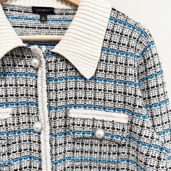 TALBOTS Mademoiselle Plaid Coatigan Sweater Tweed Pearl Buttons Size Medium - Picture 4 of 10